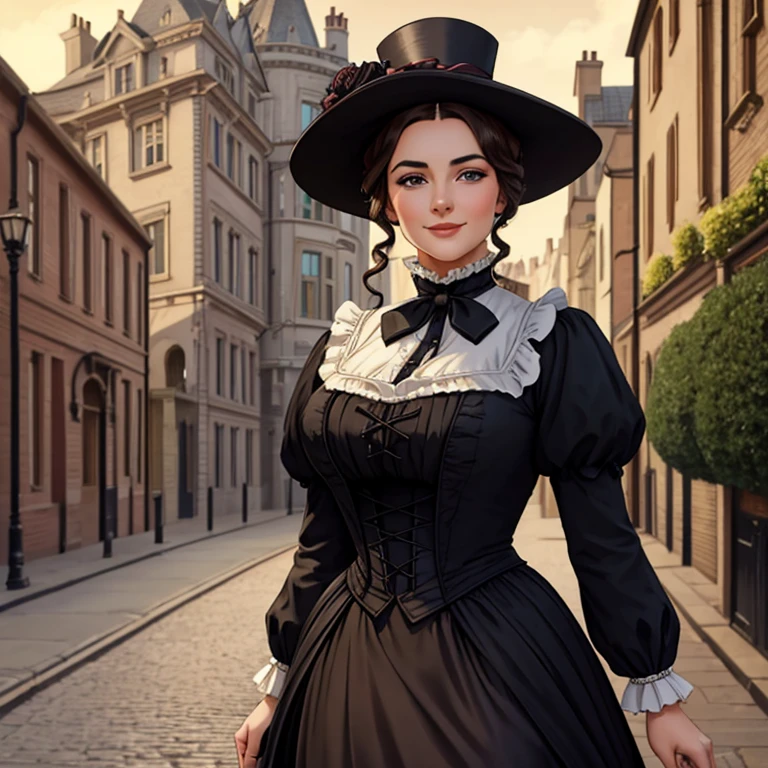 Hyper-realistic, masterpiece, screen shot, best quality, beautiful portrait, long shot portrait, high resolution, 8k, 1girl, smiley cocky smirk, a woman in a black dress, plus size model, plump, walking down a street, walking in evening, Victorian lady, a beautiful Victorian woman, Victorian fantasy art, Herbert James Draper,  dressed in Victorian clothes, Vittorio Matteo Corcos, beautiful character.