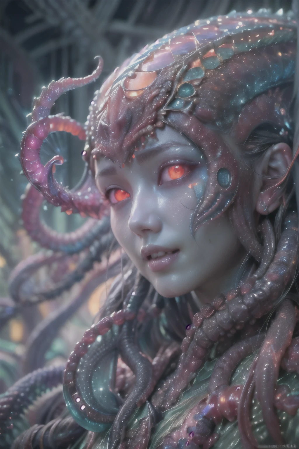 (1 beautiful and obscene female alien:1.4), (There is a female genital-like organ in the middle of her forehead:1.95), She has medusa-like hair, (there are lots of translucent tentacles from her head like her hair:1.5), (vulgarity1.7), (she is looking at viewers with glowing red eyes with no pupils:1.6), (She has translucent pale skin:1.4),(She has the most beautiful face in the history of the universe:1.2), (She has multiple bioluminescent organs on the side of her tentacles:1.4), (Her body is covered with an iridescent exoskeleton:1.4), (She is showing her arm pits:1.6), an evil gaze that seduces, (looking down at viewers:1.4),(Vampire-like long canine teeth can be glimpsed through the gap between the cute lips:1.4) (bio luminescent:1.4), (Smile wickedly:1.3), (sexypose:1.4), alien, No humans, cells are fused, extraterrestrial, cell, bio image, ultra high resolution, (photos realistic:1.7), (Numerous award-winning masterpieces, with incredible detail, textures and maximum detail), Dramatic Lighting, cinematic quality, (exquisite details:1.2), High freshness, drawing faithfully, (Thick eyebrows:1.2), Beautiful eyes with fine symmetry,(Highly detailed face and eyes:1.2),(Super detailed skin quality feeling:1.4), perfect anatomy, (Beautiful toned body:1.5), (Moist skin:1.2), not wearing makeup, (dark circles:1.1), long canines, cinematic drawing of characters, cinematic quality, (exquisite details:1.2), high resolution, High freshness, drawing faithfully, official art, Unity 8K Wall paper, ultra detailed artistic photography, midnight aura, unreal engine 5, Ultra Sharp Focus, art by Amano Yoshitaka, ArtGerm, ultra realistic realism, dream-like, Creation of fantasy, dream Snail, (biopunk nautilus:1.3),Thrilling color schemes, seductively smiling, Amazing mutation, well-proportioned body, goddess of the deep sea, fractal, Geometric pattern, impossible figures, subtle emerald green accents, (expression of ecstasy:1.4)