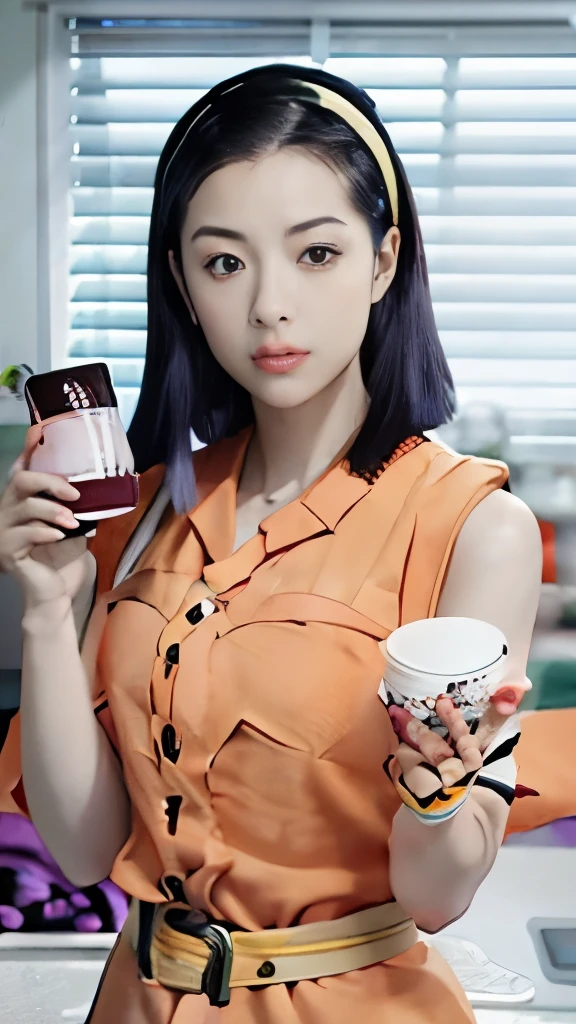 a woman holding a cup and a cell phone in her hand, maya fey from ace attorney, yayoi kasuma, as an anime character, still from tv anime, misato katsuragi, hironaka, tsubasa nakai's style, anya from spy x family, faye valentine from cowboy bebop, nico robin, itsuko azuma