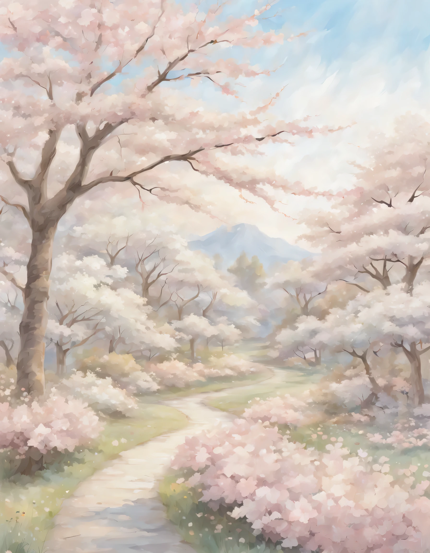 1.2941 aspect ratio, ultra-high resolution cherry blossom garden, coloring book style, pastel colors