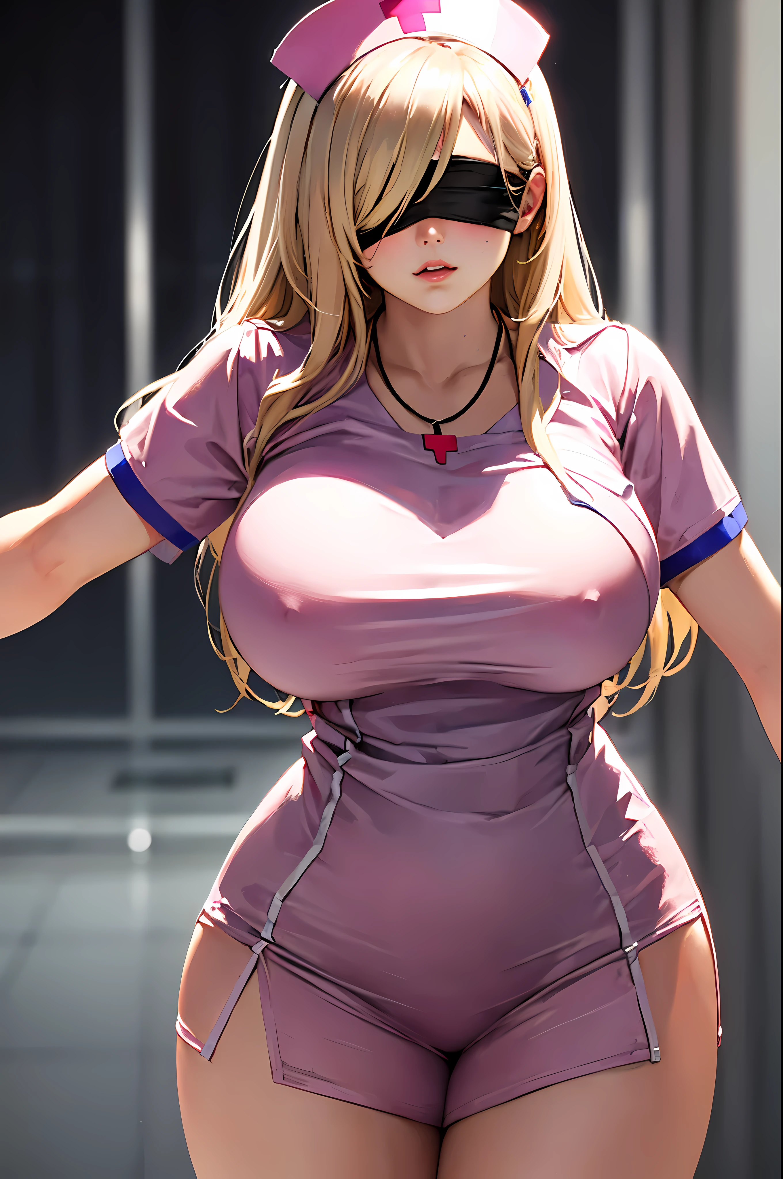 sword_miss,sword miss, long hair, blonde hair, blindfold, (black blindfold:1.2) , necklace , big bust, bijouterie, very long hair, best quality, sharp focus, (8 thousand), (4K), (masterpiece), (best quality), (realistic skin texture), very detailed, very detailed, , illustration, high resolution, sharp details, blush, ,(hospital_background:1.5), (pink_White_nurse_Uniform:1.4), standing