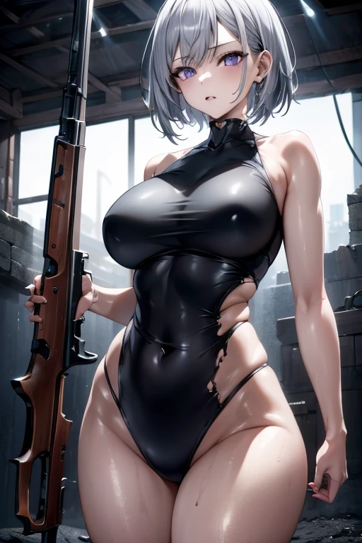 apocalypse, ruin town background, perfect lighting, dominant gray theme, silver hair and purple eyes, 1 girl, mature face, holding 9mm riffle, dressed in military vest and armored, perfect slim body curves, 8k quality, perfect quality, perfect resolution, very slim and perfect body, high quality face, 8k face,