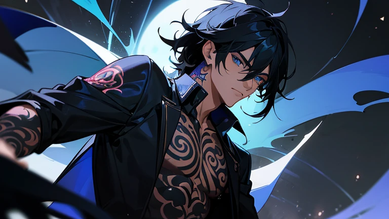 A handsome man with black hair with a mulet style,hair between eyes,blue eyes, tattoos all over his body,night Atmosphere.