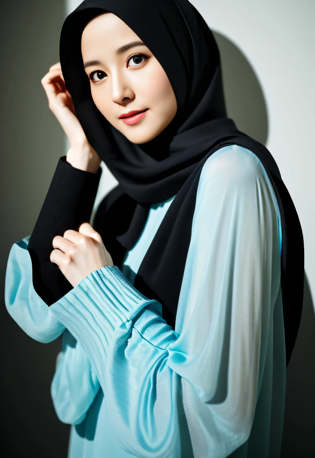 Marian Rivera, 27 years old, (RAW photo, best quality), (realistic, photo-realistic:1.3), 1 girl, solo girl, extremely delicate and beautiful, Amazing, finely detail, masterpiece, ultra-detailed, highres,(best illustration), (best shadow), intricate, depth of filed, black colour polite female muslimah dress , polite hijab (no hair visible), In the morning, creating a soothing sound. sharp focus,, 8k UHD, DSLR, high quality, , Fujifilm XT3,, sfw, sleeve no transparence, no hair visible