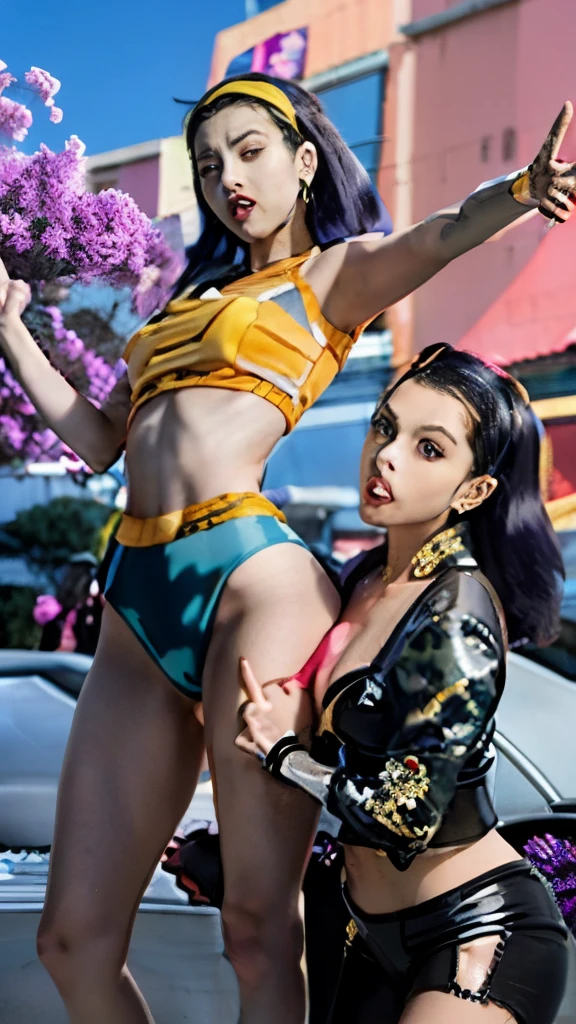 a cartoon of two women in costumes with one pointing at the other, in jojo\'s bizarre adventure, bizzare adventures of jojo, urusei yatsura, jojo\'s bizarre adventure, jojo's bizzare adventure, jojo bizarre adventure, gainax anime style, jojo's bizzare adventure!!, jojo's bizarre adventures, jojo anime style