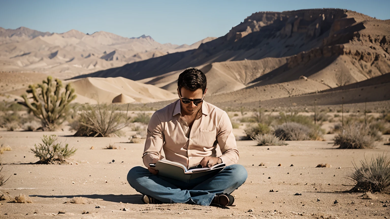 A man reads a book in a desert