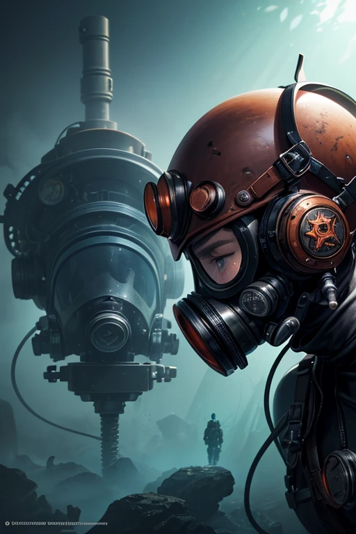 A close-up of a helmet with a Gas masks, steampunk diving helmet, Retro scuba diving helmet, Gas masks, deep sea diver, futuristic Gas masks, wetsuit, Gas masks, wearing a full-face Gas masks, Alexei Yegorov, dieselpunk biosphere, author: Artur Tarnovsky, sci-fi steampunk, Artwork by Chris Kuh. (best quality, 4K, 8k, high resolution, masterpiece:1.2), Super detailed, (actual, photoactual, photo-actual:1.37), human development report, ultra high definition, studio lighting, Ultra-fine painting, sharp focus, Physically based rendering, extremely detailed description, professional, bright colors, Bokeh, portrait, steam, copper, 青copper, gear, underwater, fog, dark mysterious environment, goggles, corroded metal, distressed leather strap, Industrial valve, underwater plants, bioluminescent organisms, deep sea exploration, underwater ruins, Mechanical alarm sound, retro gear, Retro-futuristic aesthetic, Glowing green accents, Electric blue lighting, smoke and steam effects, surreal underwater landscape.