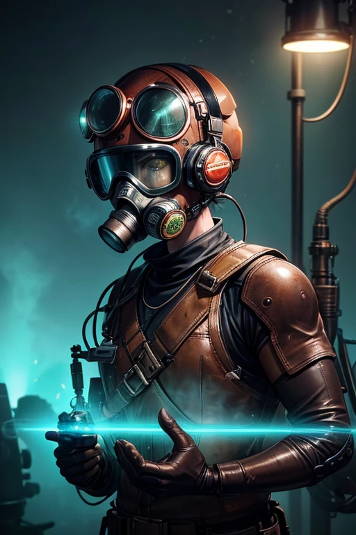 A close-up of a helmet with a Gas masks, steampunk diving helmet, Retro scuba diving helmet, Gas masks, deep sea diver, futuristic Gas masks, wetsuit, Gas masks, wearing a full-face Gas masks, Alexei Yegorov, dieselpunk biosphere, author: Artur Tarnovsky, sci-fi steampunk, Artwork by Chris Kuh. (best quality, 4K, 8k, high resolution, masterpiece:1.2), Super detailed, (actual, photoactual, photo-actual:1.37), human development report, ultra high definition, studio lighting, Ultra-fine painting, sharp focus, Physically based rendering, extremely detailed description, professional, bright colors, Bokeh, portrait, steam, copper, 青copper, gear, underwater, fog, dark mysterious environment, goggles, corroded metal, distressed leather strap, Industrial valve, underwater plants, bioluminescent organisms, deep sea exploration, underwater ruins, Mechanical alarm sound, retro gear, Retro-futuristic aesthetic, Glowing green accents, Electric blue lighting, smoke and steam effects, surreal underwater landscape.