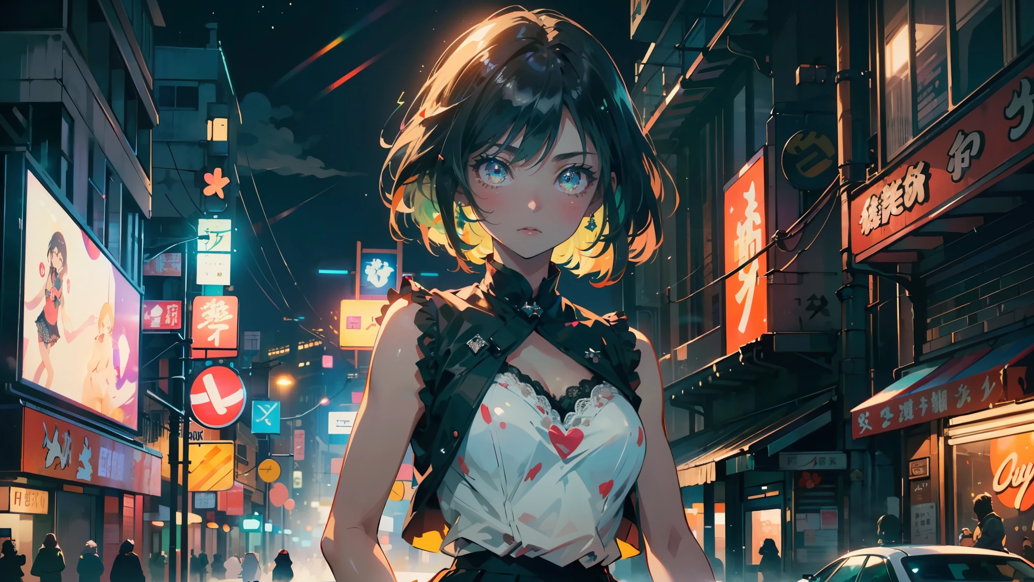 Girl Youuk Anchor,(((1girll))),((A very cute and beautiful blue ponytail anime girl walking down the street)),
(short chest:1.4),(((Green curl:1.35,Very curly hair,Colored inner hair,Ear breathing,Short hair))),((Green eyes:1.3,upward-eyed:1.perfect eyes,Beautiful detailed eyes,Super delicate yellow eyes that shine in iridescent colors:1.1,Gradient Eyes:1,fine detailed beautiful eyes:1,Symmetrical eyes:1,big highlight on eyes:1.2)),((Fat)),(((Glossy glossy skin:1.5,bright skin: 1.5,dark tan skin,Shiny skin,Very shiny skin,glowing body,plastic glitter skin,exaggerated shiny skin))),delicate detailed fingers,Detailed body,detailed arms,Human hand,(Detailed face)),
Cute,sluttish,Seductive,Erotic,(((NSFW))),
zettai ryouiki,Clothes with exposed openwork,Show skin,((ravmin skirt,Visible lace strap,White loose vest,Decorated with anime girl prints。)),(detailed costume,detailed clothes),
(Dynamic Pose:1.0),solofocus,embarrassed,Centered,scale to fit the dimensions,thirds rule,
Outdoors,((Night view)),(Neon synthesis of a very beautiful city,Cyberpunk Night Street Background:1.5,dark sky,vehicle in thick clouds,((neon light)),Thick clouds,(Cyberpunk style,neon light, (Synthetic wave theme background), street),(((Detailed background:1.25))),
(Best Quality),(High resolution),(Sharp Focus),(ultra-detailliert),(Extremely detailed),(Very high quality artwork),8K_wall-paper,(extremely detailed CG 8k),(Very fine 8K CG),((hyper super ultra detailed perfect piece)),perfect masterpiece))),Illustration,Vibrant colors,(Convoluted),High contrast,Selective lighting,double exposure,nffsw (HighDynamicRange),Post-processing,Background blur,