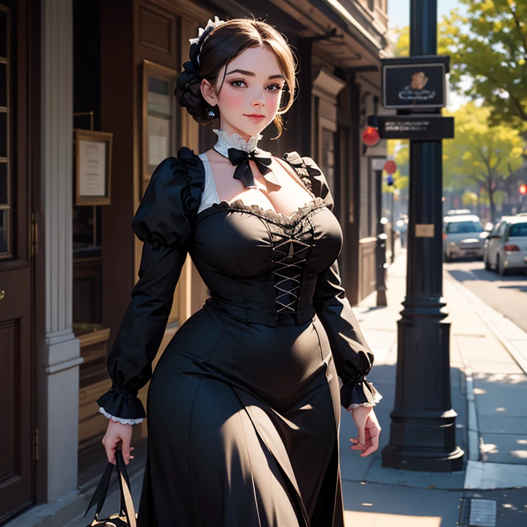 Hyper-realistic, masterpiece, screen shot, best quality, beautiful portrait, long shot portrait, high resolution, 8k, 1girl, smiley cocky smirk, a woman in a black dress, plus size model, plump, walking down a street, walking in evening, Victorian lady, a beautiful Victorian woman, Victorian fantasy art, Herbert James Draper,  dressed in Victorian clothes, Vittorio Matteo Corcos, beautiful character.