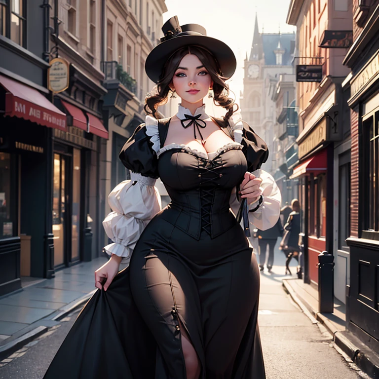 Hyper-realistic, masterpiece, screen shot, best quality, beautiful portrait, long shot portrait, high resolution, 8k, 1girl, smiley cocky smirk, a woman in a black dress, plus size model, plump, walking down a street, walking in evening, Victorian lady, a beautiful Victorian woman, Victorian fantasy art, Herbert James Draper, dressed in Victorian clothes, Vittorio Matteo Corcos, beautiful character.
