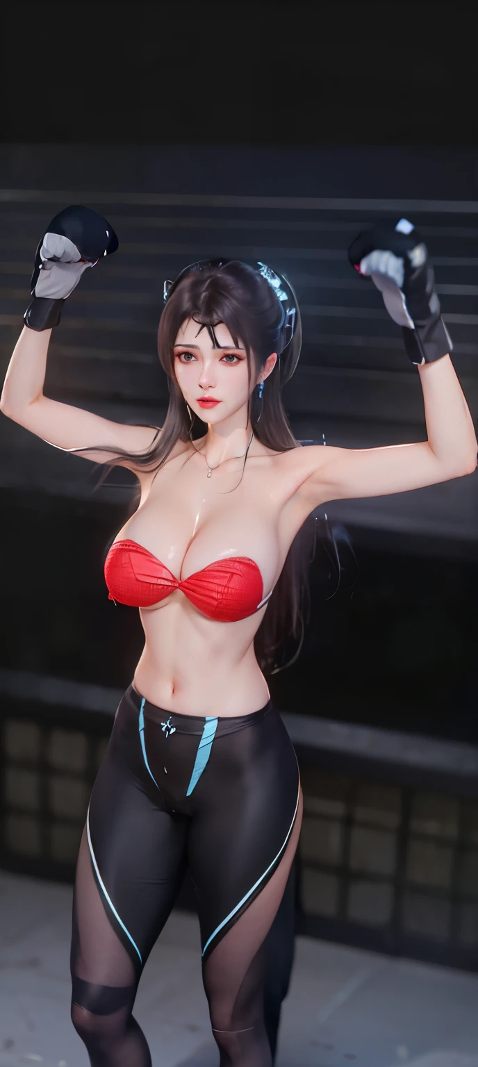((Unreal Engine 5)), Realistic Rendering, Excellent, (sexy skimpy bikini:1.3), looking on camera, (standing:1.8), beautiful face, makeup, CGImix, (photorealism:1.2), ultrarealistic uhd face, (huge soft :1.5), (muscle abs:1.3), (big butt:1.3), (wide hips), (thick thighs), slim waist, hourglass figure, half body, ((glowing skin)), ((shiny skin)), Realistic body, ((she )), ((clean skin)), photorealistic, bokeh, motion blur, masterpiece, highres, 1080P, super detail, textured skin. Boxing, women boxing, boxing gloves