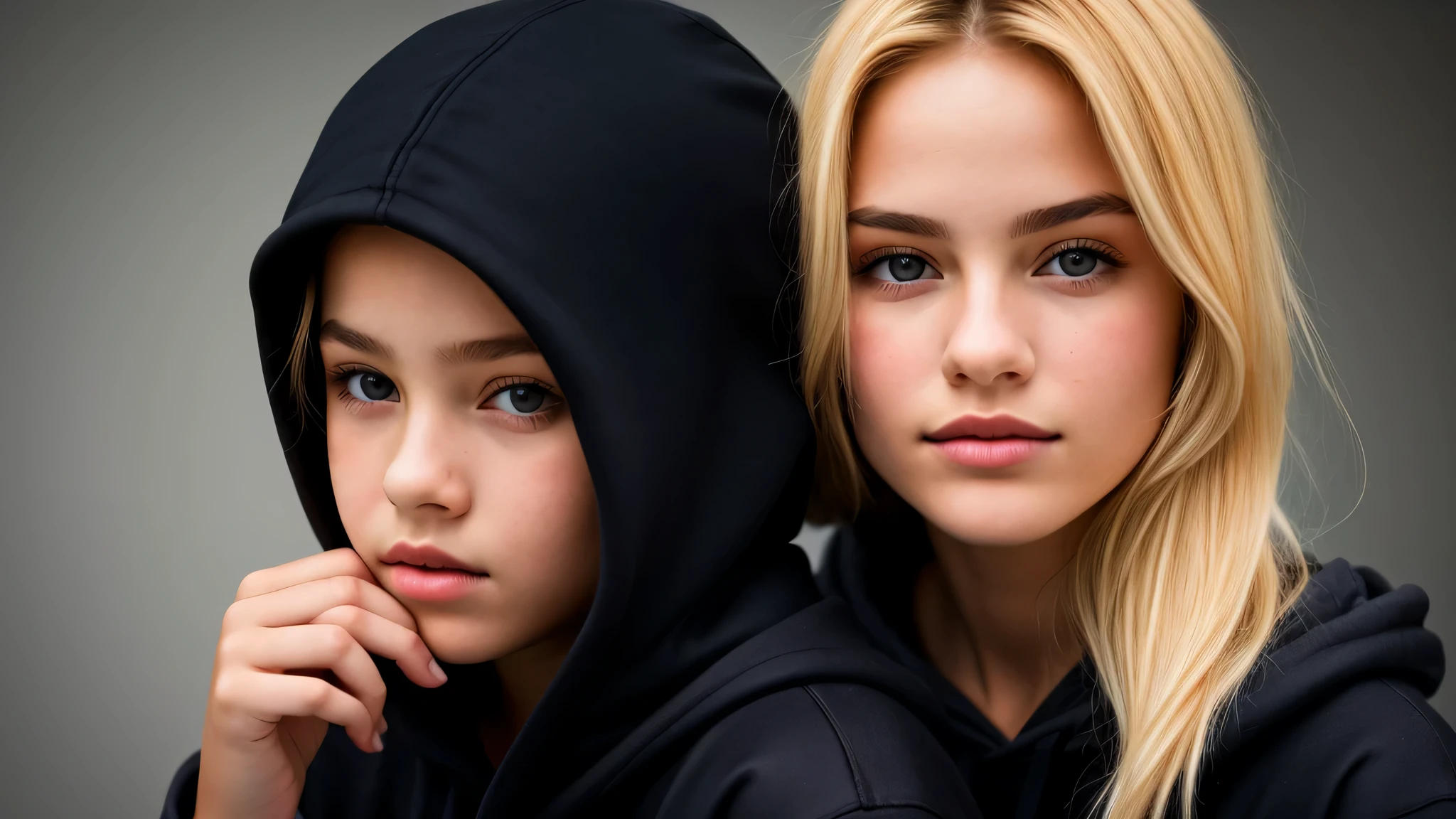 KIDS GIRL BLONDE in a black hoodie holding her head in her hands, KIDS girl wearing hoodie, in a black hoodie, close up portrait photo, gorgeous young model, in a hoodie, portrait black and white portrait, wearing a black hoodie