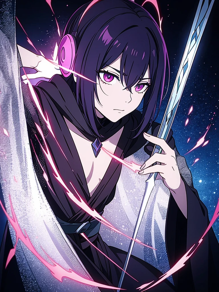 Malachor Shadowbane is a formidable figure draped in a cloak of swirling shadows. His piercing crimson eyes glow with malevolence, contrasting sharply with his pale, almost ghostly complexion. A sinister air surrounds him as dark energy emanates from the ornate, obsidian staff he wields.