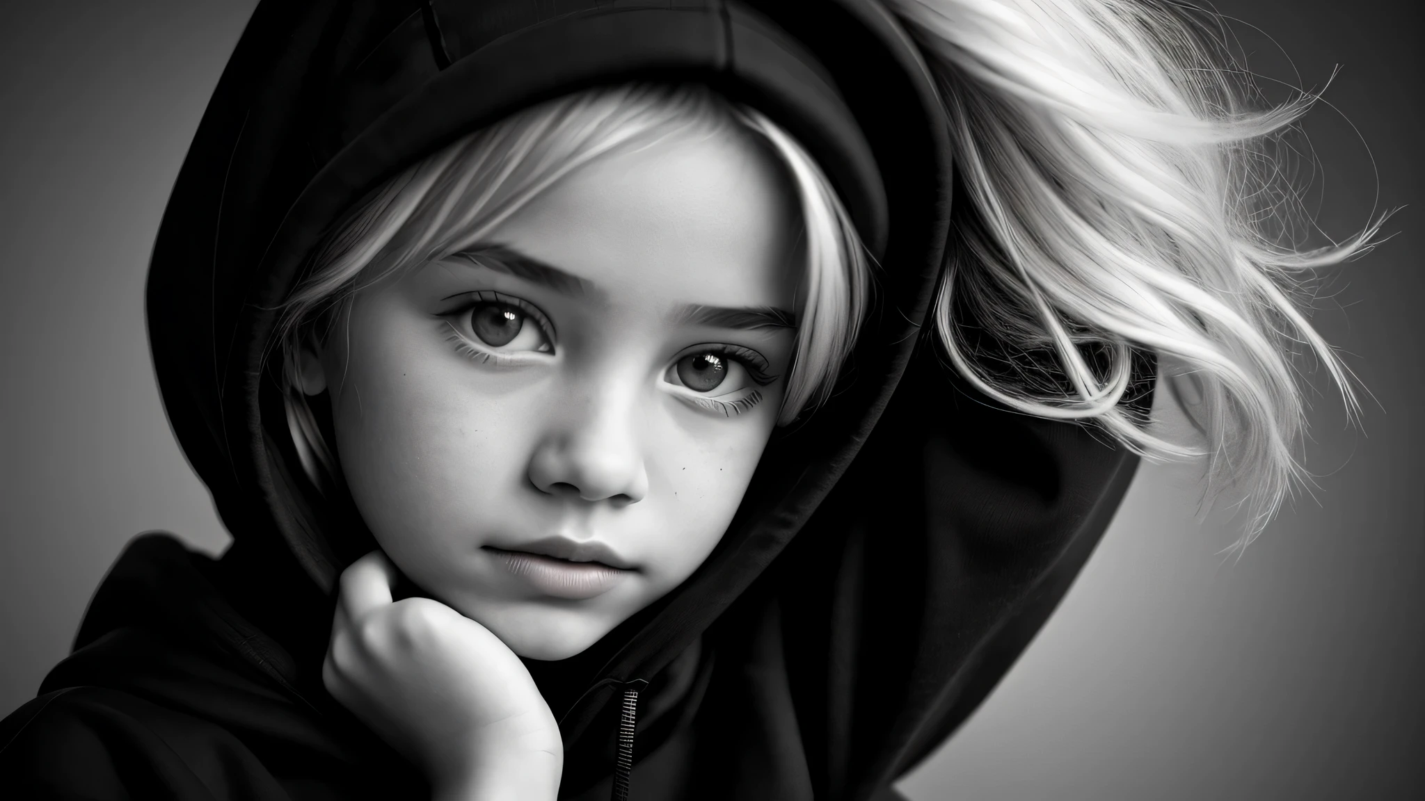 KIDS GIRL BLONDE in a black hoodie holding her head in her hands, KIDS girl wearing hoodie, in a black hoodie, close up portrait photo, gorgeous young model, in a hoodie, portrait black and white portrait, wearing a black hoodie