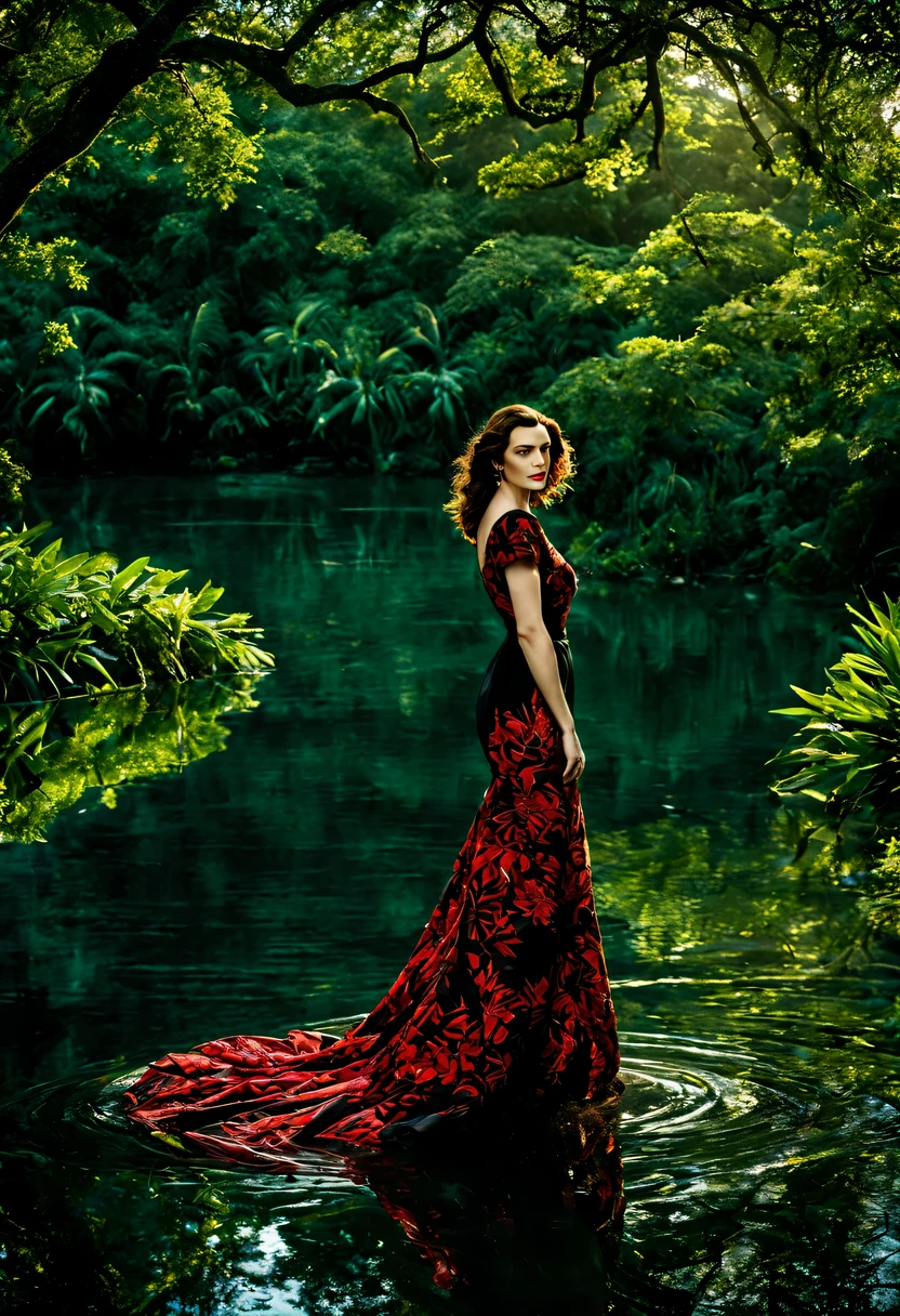 Uma linda Garota (Rachel Weisz), (22 anos), com um vestido Vermelho com detalhes em preto, in the heart of the lush jungle, details in the sunlight that filtered through the dense canopy above. Beside the majestic tree, a large, serene lake reflected the vibrant foliage and blue sky above. The surface of the water rippled gently.