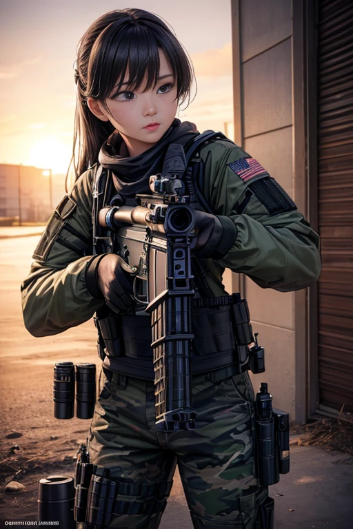 Woman in white holding a rifle and wearing headphones, 24 year old woman, young soldier, mechanized young soldier, Military Girl, beautiful female soldier, Female lead character, Military Girlราบ, Girl's sniper at war, solo female character, Future combat equipment, Half-body close-up, Woman wearing military bulletproof crop top, Show navel, Wear tactical equipment, Wear tactical armor.,