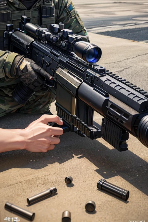 (best quality,4K,8k,highres,masterpiece:1.2), ultra-detailed,(realistic,photorealistic,photo-realistic:1.37), close-up of a rifle with a scope, gun photography, handheld AR-15, product image from a gun magazine, ultra-realistic AR 16:9, assault rifle, air gun, pistol, film - AR 16:9, airsoft CQB, highly detailed barrel, centered shooting
