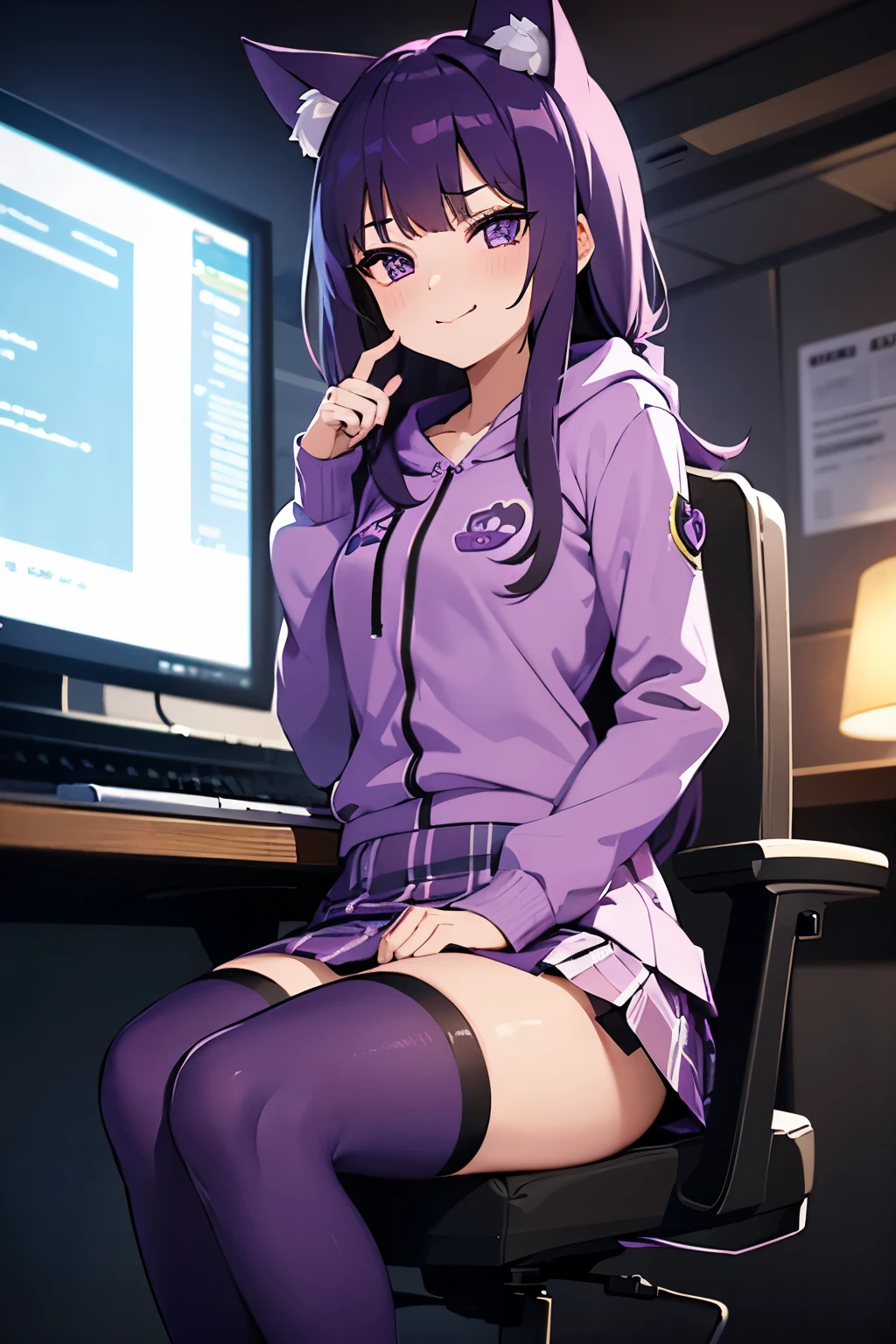 girl, mature, cat girl, long purple hair, Purple hoodie, plaid skater skirt, purple striped thigh highs small , seductive smirk, sunny, transparent, gaming chair, desk computer, two monitors (masterpiece, best quality), soft light, cinematic composition, cinematic ligh