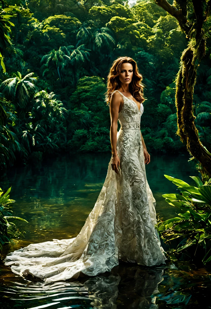 Uma linda Garota (Kate Beckinsale), (28 anos), com um vestido Marrom com detalhes em branco, in the heart of the lush jungle, details in the sunlight that filtered through the dense canopy above. Beside the majestic tree, a large, serene lake reflected the vibrant foliage and blue sky above. The surface of the water rippled gently.