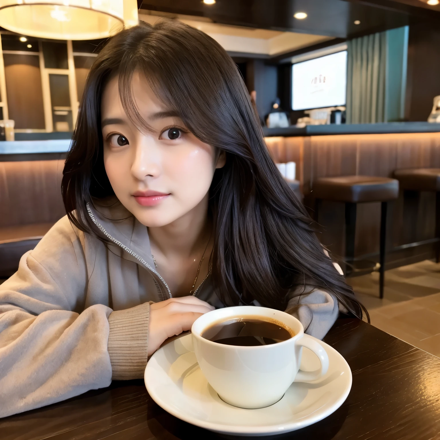 face like kim tae hee、looking at the viewer、spoiled look、hotel sweet room、 girl、Wearing clothes that are oversized at the top and bottom、Coffee is available.