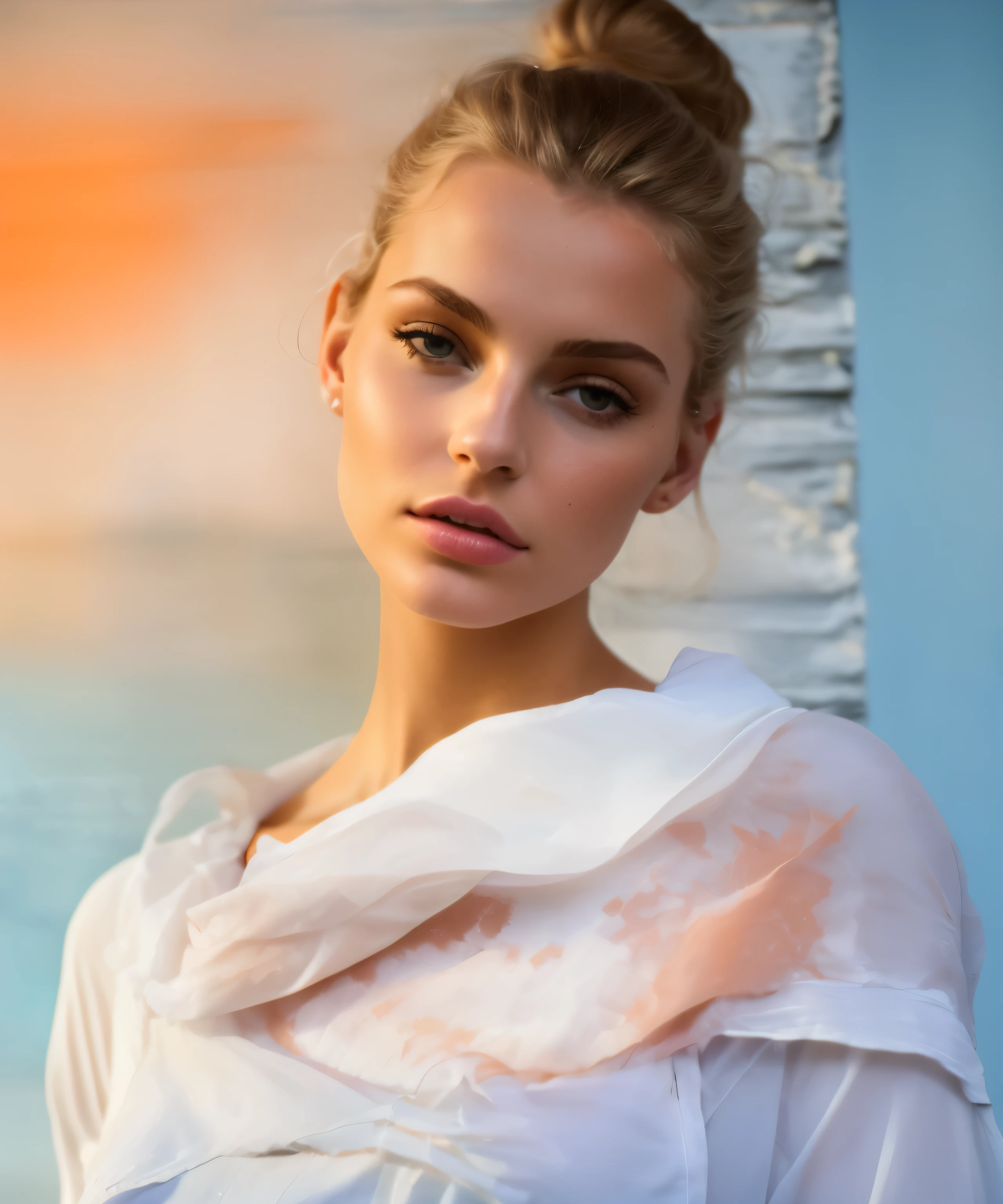 femme blonde avec une chemise blanche et un foulard orange posant pour une photo, Editorial portrait, Portrait en couleur, portrait doux 8 k, inspired by Vincent Lefevre, portrait de mode, portrait d'A beautiful model, par Anna Haifisch, par Micha Klein, mannequin portrait, Editorial model, Fashion editorial photography, portrait de mannequin, Editorial Fashion Photography, portrait de photographie de mode