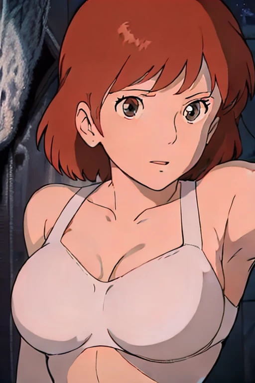 (masterpiece, best quality, high resolution, anime screencap, anime colored, 8k, photorealistic), Nausicaa, solo, brown hair, (looking at viewer), huge breasts, cleavage, (white bikini), upper body, forest, (perfect detailed anatomy, beautiful face&eyes, shiny skin, perfect body)