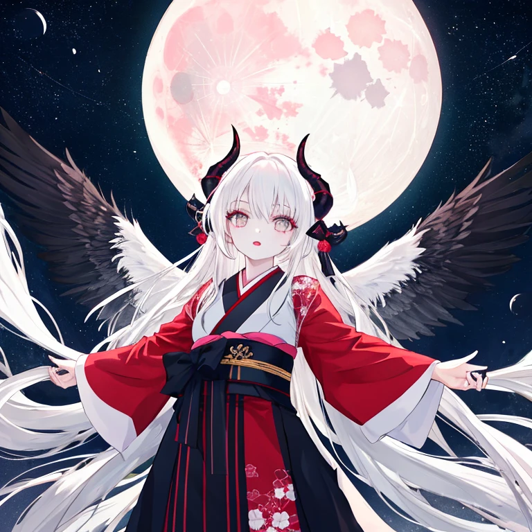 1girl, long_hair, horns, solo, red_moon, wide_sleeves, japanese_clothes, white_hair, moon, red_lips, yin_yang, white_eyes, very_long_hair, outstretched_arms, looking_at_viewer, glowing, grey_eyes, full_moon, long_sleeves, kimono, orb, pale_skin, makeup, third_eye, night, In gothic fashion Ephemeral expression No laughter Watching the viewer Highest image quality、White hair color