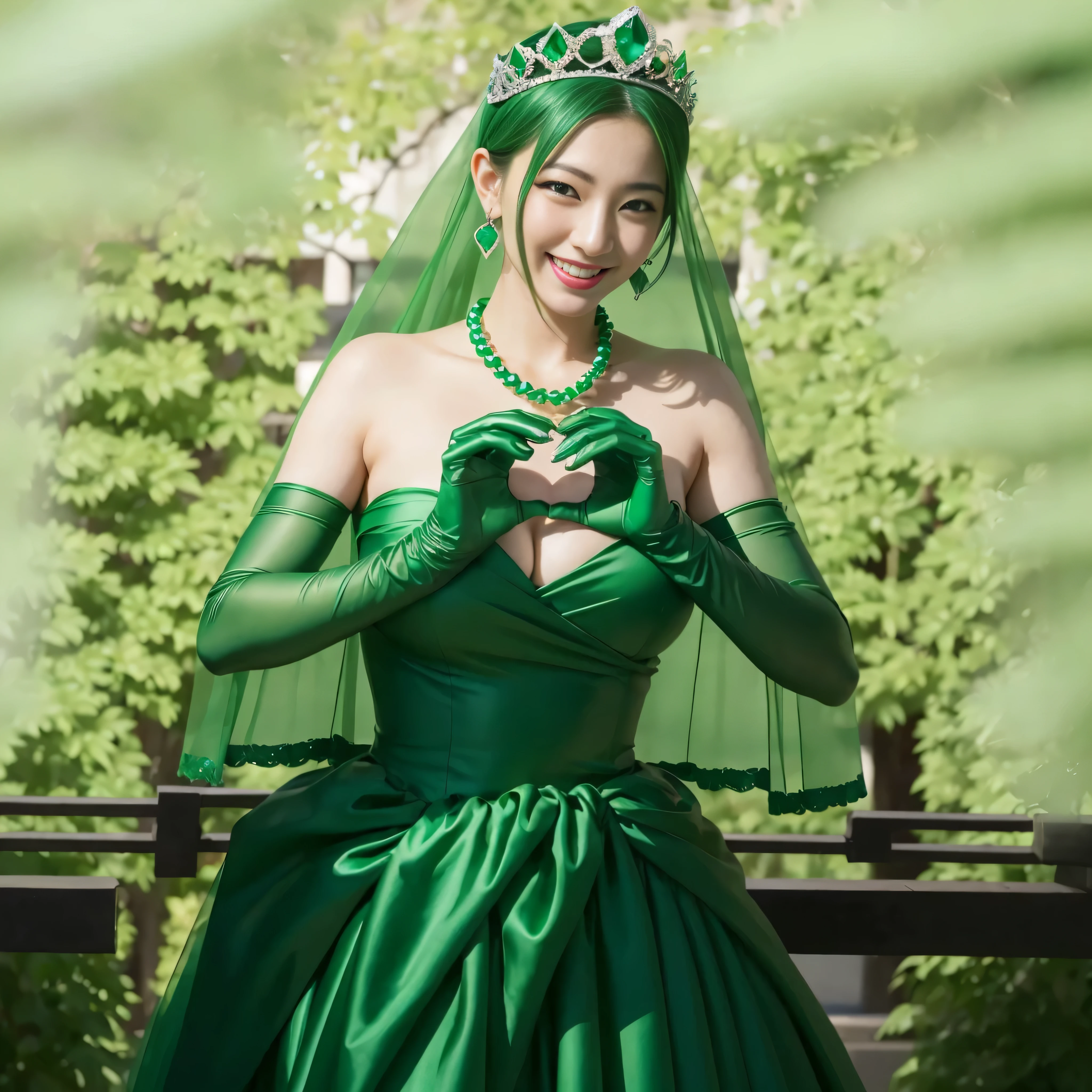 emerald tiara, green pearl necklace, ボーイッシュな非常に短いgreen hair, lipstick, smiling Japanese woman, very short hair, Beauty with large breasts, green eyes, Long Green Satin Gloves, green eyes, emerald earrings, green veil, heart with both hands, green hair, Beautiful Japan woman in her 30s, heart shaped hand:1.3
