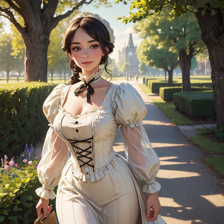 Hyper-realistic, masterpiece, screen shot, best quality, beautiful portrait, long shot portrait, high resolution, 8k, 1girl, smiley cocky smirk, a woman in a white dress, plus size model, plump, standing near tree, walking in evening, Victorian lady, a beautiful Victorian woman, Victorian fantasy art, Herbert James Draper, dressed in Victorian clothes, Vittorio Matteo Corcos, beautiful character.