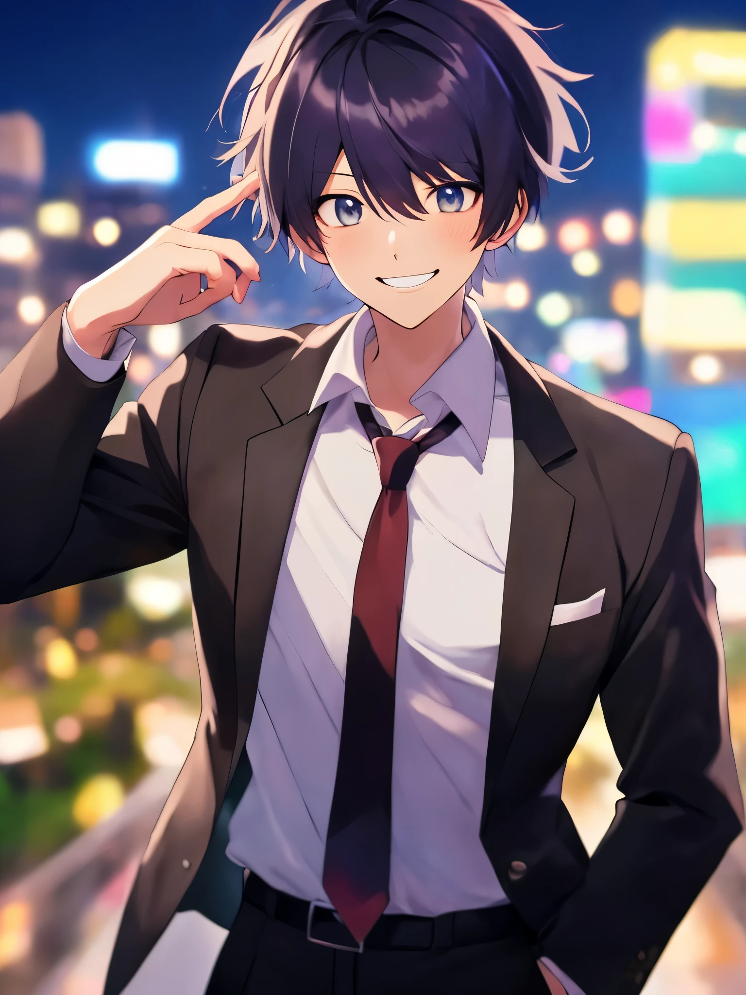 ((masterpiece)), anime guy in a suit smiling gently, Night background, background blur effect, a computer rendering inspired by Hisui Sugiura, pixiv, computer art, anime handsome man, handsome anime pose, official art, in an anime style, as an anime character, young anime man, visual novel sprite
