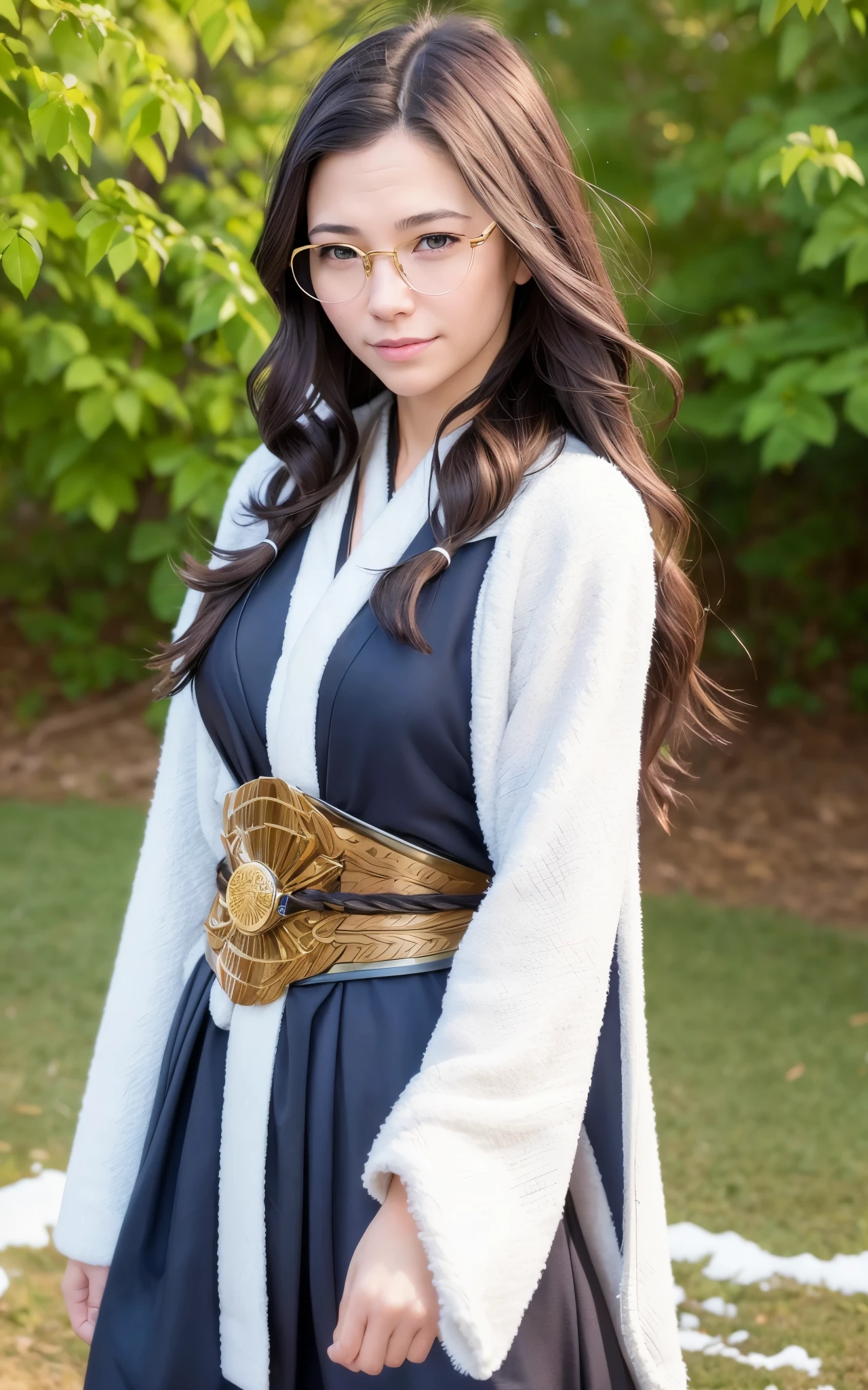 Young ainu woman with the face of (Gal Gadot:Evangeline Lilly), (looking at viewer, light smile, ), brown hair, brown eyes, long hair, hair_flying, Fluttering hair, flying_hair, ((Transparent glasses, glasses, glasses_on_nose)), ((traditional ainu clothes)), sexy, charming, stunning, enhance, delicate, (pale skin, real_skin), sunlight, Winter, snow, Hokkaido, outdoor, best quality, high quality, highres, 8k, photo realistic.