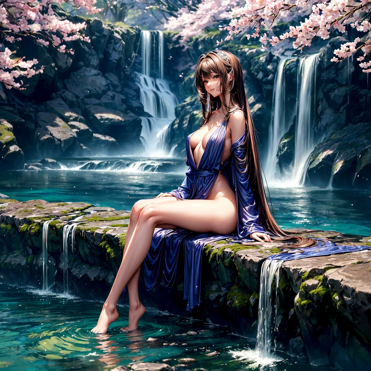 (((highest quality、masterpiece、very high resolution、highly detailed images、detailed details)))、(A woman of perfect and ultimate beauty:18-year-old, beautiful body:Slender and beautiful breasts、beautiful face:smile、beautiful hair:various hairstyles)、(best skin and hair texture)、((フルnude:nude:I can see pubic hair,Breasts fully visible)),(Fantastic waterside,There is a waterfall,Night cherry blossoms and lanterns,mysterious night sky,natural light,beautiful scenery,beautiful scenery),(beautiful pose:Sit by the water,model shoot,The wind is blowing:hair fluttering),realistic portrait,bijinga,Overall image、highly detailed images、accurate image:1.5、accurate anatomy:1.5、Image without defects,perfect image,Overall image,(best shot,RAW photo:1.2)