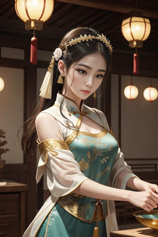 top-quality、masterpiece、超A high resolution、(Photorealsitic:1.4)、xiuxian、arma、A detailed face、 1girl,独奏,arma,cleavage of the breast,(magic circles:1.2),xiuxian,The upper part of the body,a beauty girl,full bodyesbian,east asian east asian architecture,scabbard,architectural, huge-breasted