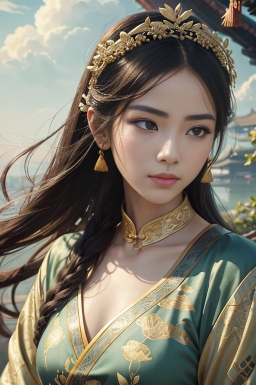 A beautiful dancer in ancient China,delicate lines,gorgeous costumes in ancient China,delicate and vivid,shy face,willow leaf eyebrows,personality depiction,coiled hair,gold leaf,flowing clouds,watercolor,crane surrounding,ink painting,gentle eyes,meticulous, color scheme,exquisite clothing patterns,by Gu, Kaizhi,Zhang Xuan,professional color grading,realistic style,soft shadows,clean and sharp focus,Flim photography,Panoramic View,32K --v 6