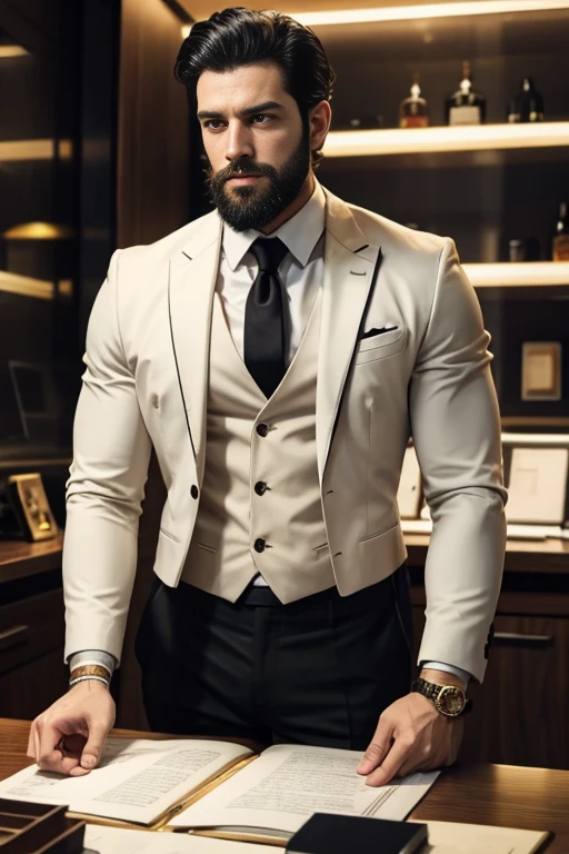 Create a man, working, drinking a glass of whiskey, black hair, white man, his luxury office, man in suit, beard made, gold watch, dark eyes, strong physique, high quality, 4K, 8K