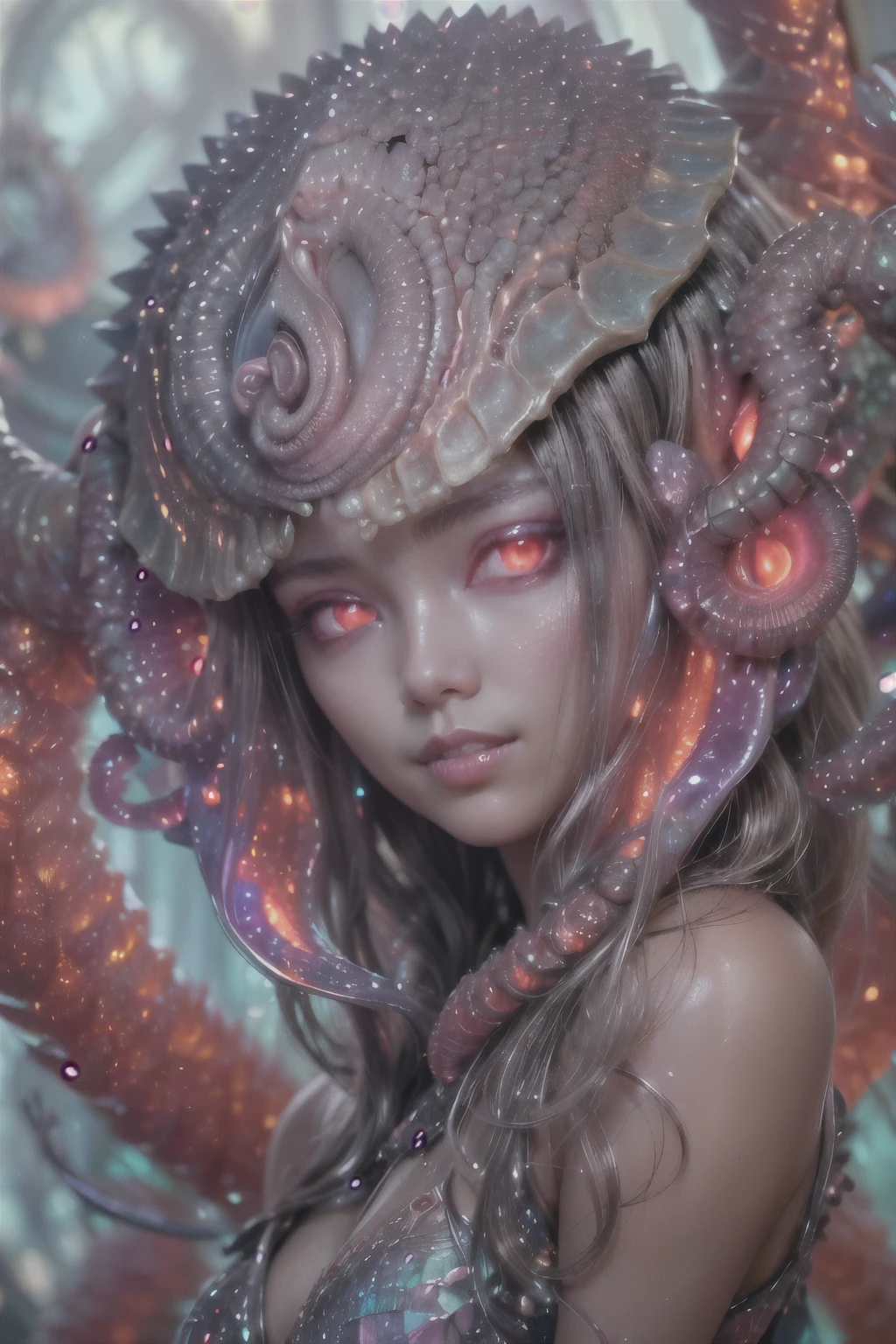 (1 beautiful and obscene female alien:1.4), (There is a female genital-like organ in the middle of her forehead:1.95), She has medusa-like hair, (there are lots of translucent tentacles from her head like her hair:1.5), (vulgarity1.7), (she is looking at viewers with glowing red eyes with no pupils:1.6), (She has translucent pale skin:1.4),(She has the most beautiful face in the history of the universe:1.2), (She has multiple bioluminescent organs on the side of her tentacles:1.4), (Her body is covered with an iridescent exoskeleton:1.4), (She is showing her arm pits:1.6), an evil gaze that seduces, (looking down at viewers:1.4),(Vampire-like long canine teeth can be glimpsed through the gap between the cute lips:1.4) (bio luminescent:1.4), (Smile wickedly:1.3), (sexypose:1.4), alien, No humans, cells are fused, extraterrestrial, cell, bio image, ultra high resolution, (photos realistic:1.7), (Numerous award-winning masterpieces, with incredible detail, textures and maximum detail), Dramatic Lighting, cinematic quality, (exquisite details:1.2), High freshness, drawing faithfully, (Thick eyebrows:1.2), Beautiful eyes with fine symmetry,(Highly detailed face and eyes:1.2),(Super detailed skin quality feeling:1.4), perfect anatomy, (Beautiful toned body:1.5), (Moist skin:1.2), not wearing makeup, (dark circles:1.1), long canines, cinematic drawing of characters, cinematic quality, (exquisite details:1.2), high resolution, High freshness, drawing faithfully, official art, Unity 8K Wall paper, ultra detailed artistic photography, midnight aura, unreal engine 5, Ultra Sharp Focus, art by Amano Yoshitaka, ArtGerm, ultra realistic realism, dream-like, Creation of fantasy, dream Snail, (biopunk nautilus:1.3),Thrilling color schemes, seductively smiling, Amazing mutation, well-proportioned body, goddess of the deep sea, fractal, Geometric pattern, impossible figures, subtle emerald green accents, (expression of ecstasy:1.4)