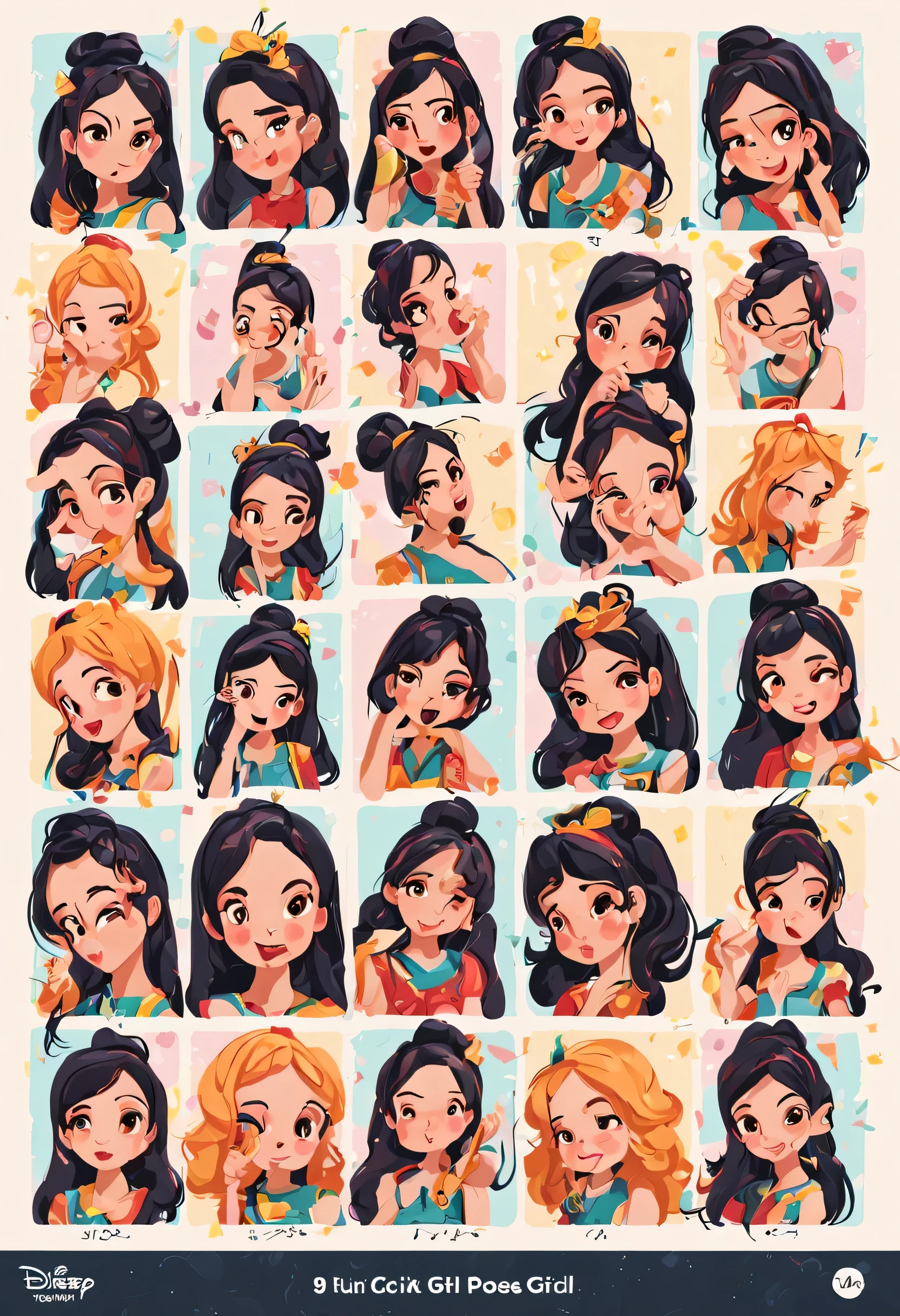 1 cute girl，9 squares，9 poses and expressions，disney style，Black strokes，different emotions，8k