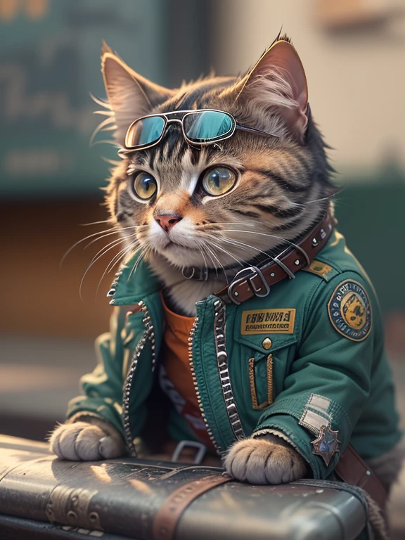 C4tt4stic, (Cartoon),"Please create an illustration of a cool cat wearing a motorcycle jacket. This cat exudes confidence and has a fearless look in its eyes. The jacket has embroidered patches on the back, and the collar and cuffs are adorned with studs. Its vibrant eyes are filled with wisdom and a sense of adventure. You can choose any breed of cat you like, and I'm excited to see what kind of cat you create!"