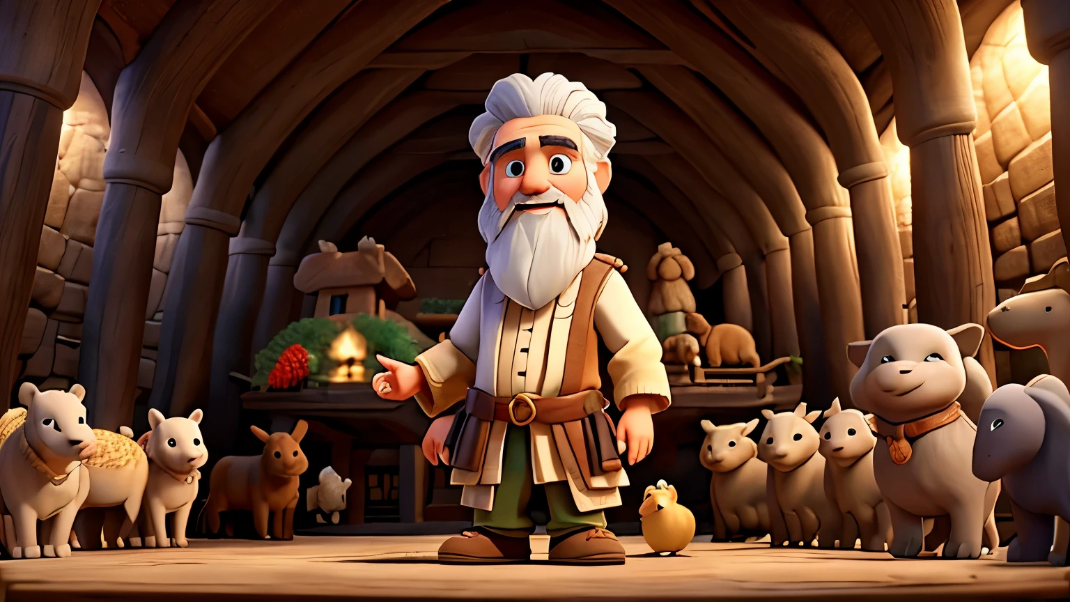 Noah, biblical man with gray hair, very religious, inside his large Ark, surrounded by different species of animals, Disney style