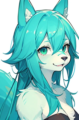 1girl, aqua fur, green eyes, horse girl, medium breasts, tube top, portrait, simple background, (furry:1.5)