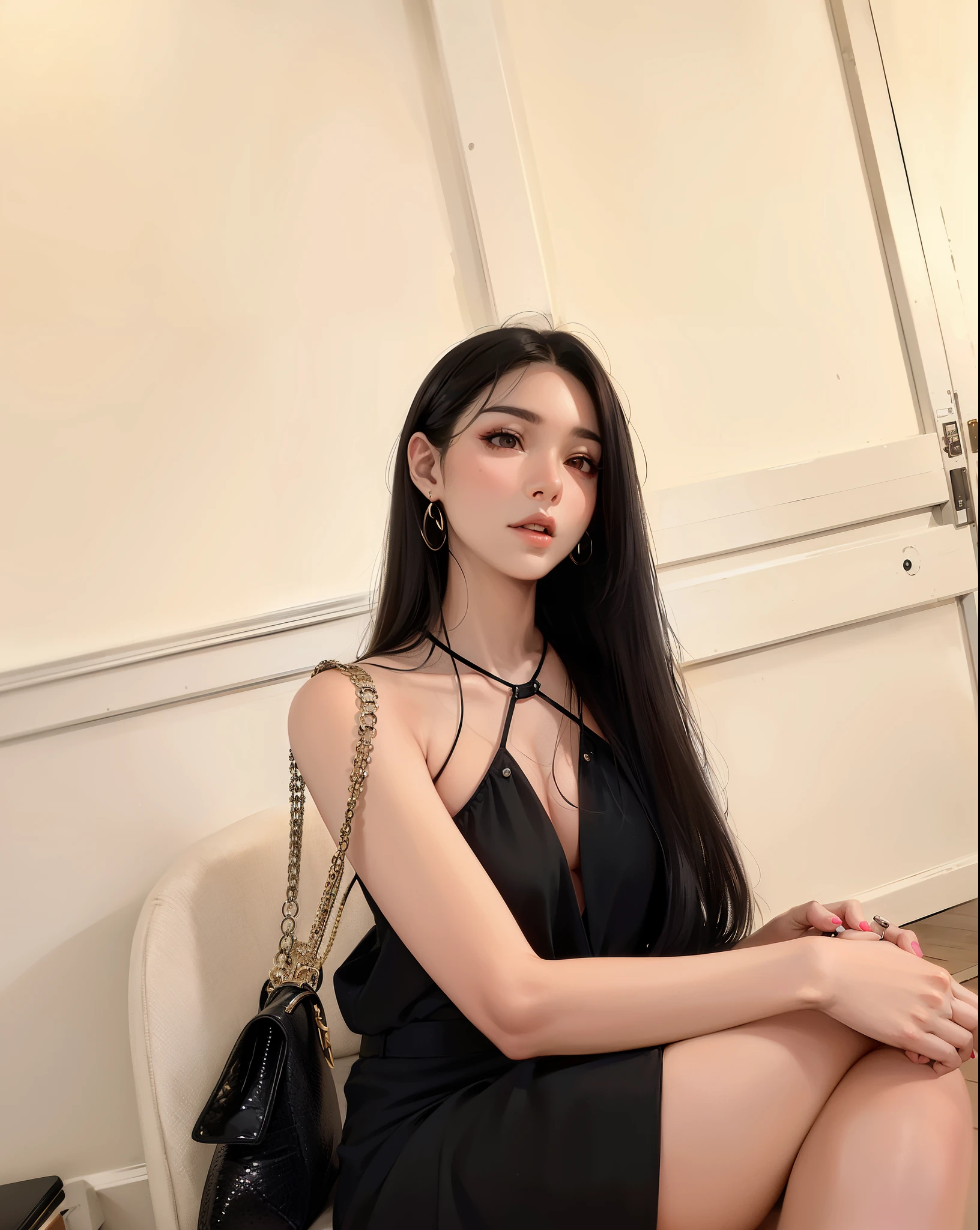 araffe woman sitting on a chair with a purse and a purse, with long hair, with black, she is wearing a black dress, heonhwa choe, jaeyeon nam, with long black hair, wearing black camisole outfit, with straight black hair, lee ji-eun, gorgeous young korean woman, lee ji - eun, jisoo from blackpink