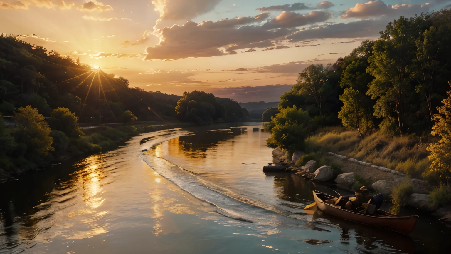 Big river flowing with canoe in it, Gold Hour, Sunset, 4k, High res, Movie Opener, Preamble, Netflix