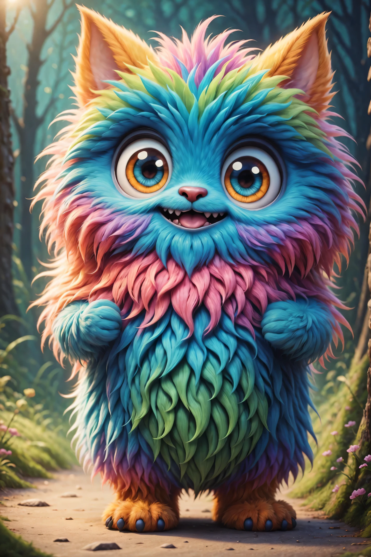 （best quality），Super fine，lifelike，3d rendering，Cute furry monster，cute eyes，cartoonish style，colorful fur，mischievous expression，Soft texture，Fantasy creatures，Bright and vibrant colors，warm light，