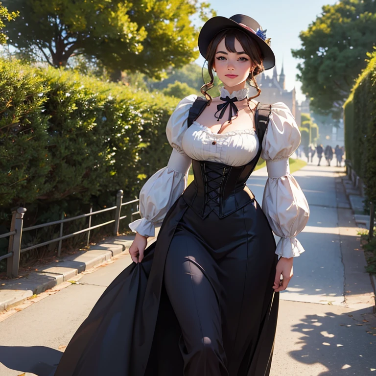RAW photo,(realistic, photo-realistic:1.37),(best quality:1.2),(detailed), (Solo:1.3), (20 years old Victorian girl:1.4),smile, (Huge Breasts:1.4), victorian dress, black Hair, Long Eyelashes, (lake:1.3), ((sitting on ground, legs apart, arms up)), trees,grass, flowers,bridge, boat,clouds,blue sky,apple,picnic,BREAK, stunning beautiful, pale skin, (perfect eyes:1.3),cinematic light, ultra high res, 8k uhd, film grain, perfect anatomy, exquisitely detailed skin, best shadow, delicate,Portrait Of Beautiful Victorian Girl, colourful, distinct_image, extremely detailed CG,realistic human-like photo