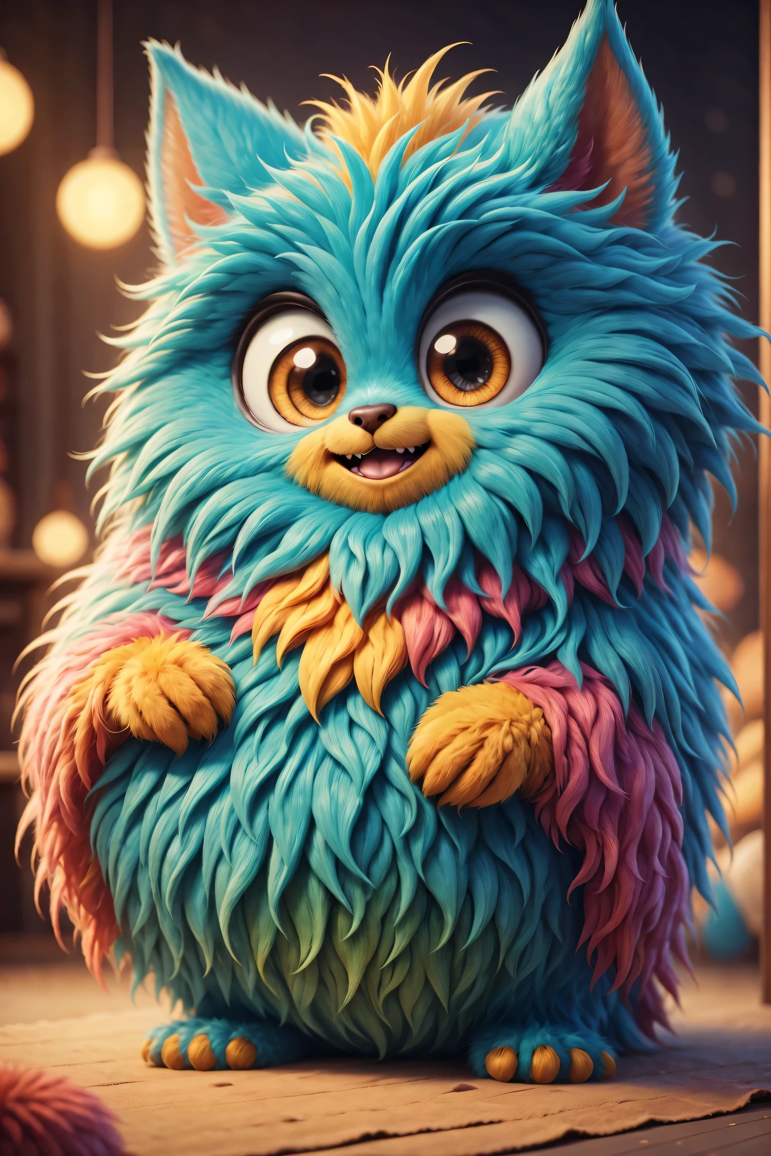 (best quality),Super fine,lifelike,3d rendering,Cute furry monster,cute eyes,cartoonish style,colorful fur,mischievous expression,Soft texture,Fantasy creatures,Bright and vibrant colors,warm light,
