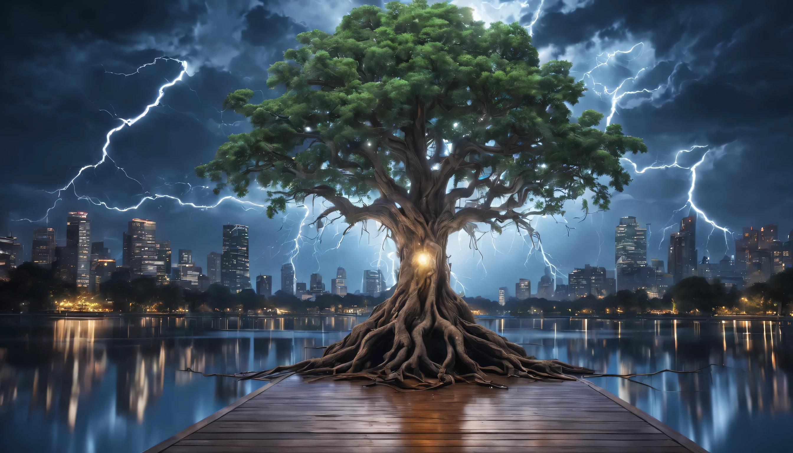oak tree centered in a calm lake, fantasy tree, wide roots, wooden deck at the side, city big buildings, lightning bolts in the sky, strong moonlight, ultra detailed, ultra realistic, 8k