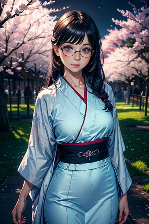 (masterpiece, best quality:1.4), (standing:1.5) (dynamic pose:1), 1girl, solo, (european youth:1), arale, glasses, blue eyes, long straight hair, purple hair, a strand of grey hair, dark blue kimono, looking at the sky, beautiful smile, beautiful face, smiley eyes, highly detailed face, highly detailed eyes, white teeth, mature looking, highly detailed skin, skin pores, subsurface scattering, realistic pupils, full face blush, full lips, detailed background, depth of field, volumetric lighting, sharp focus, absurdres, realistic proportions, good anatomy, (realistic, hyperrealistic:1.4), 16k hdr, cherry blossom trees blooming at background, (enjoying the season), at night, fireworks in the sky