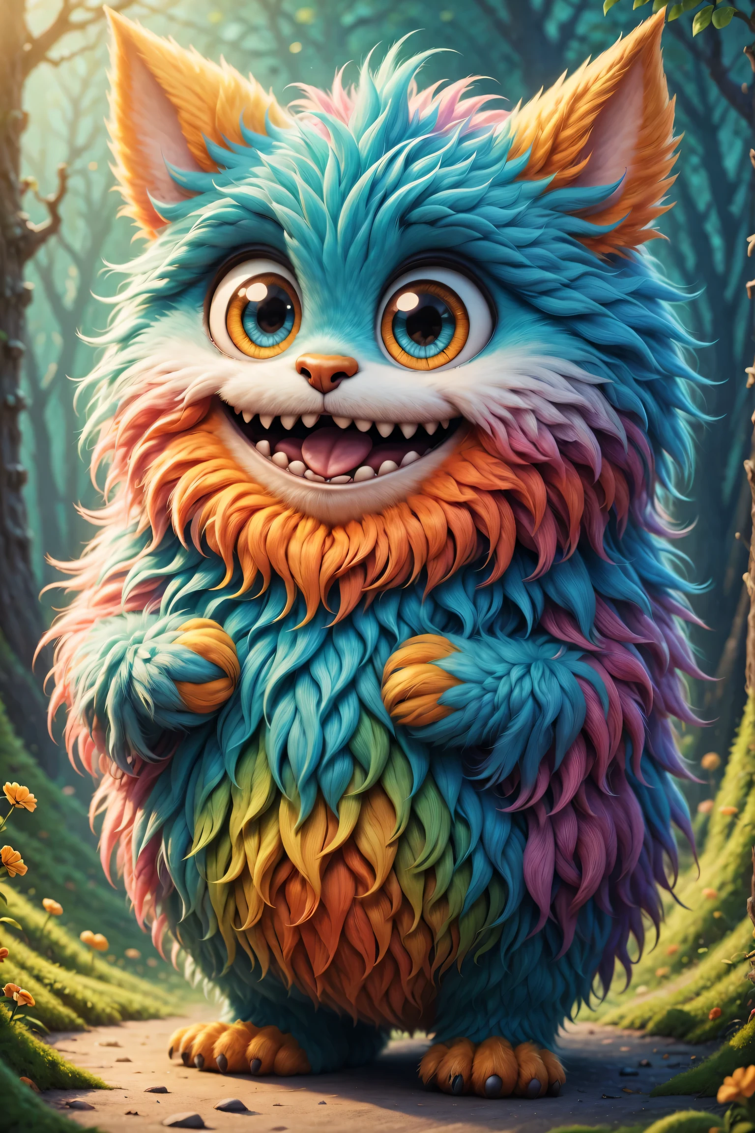 (best quality,high resolution:1.2),Super detailed,actual,3d rendering,Cute furry monster,cute eyes,cartoonish style,colorful fur,playful expression,Soft texture,Fantasy creatures,Bright and vibrant colors,warm light,being delighted and cheerful,Fun and whimsical,artistic masterpiece,eye-catching composition,highly detailed features,Cute and huggable,Unique character design,Professional illustration,Attention to detail,expressive facial features,fascinating,childhood imagination,Imaginative and creative,Friendly and approachable,Magical and fascinating,Joyful and lively,Elaborately crafted,Cute and charming,emotionally engaging.