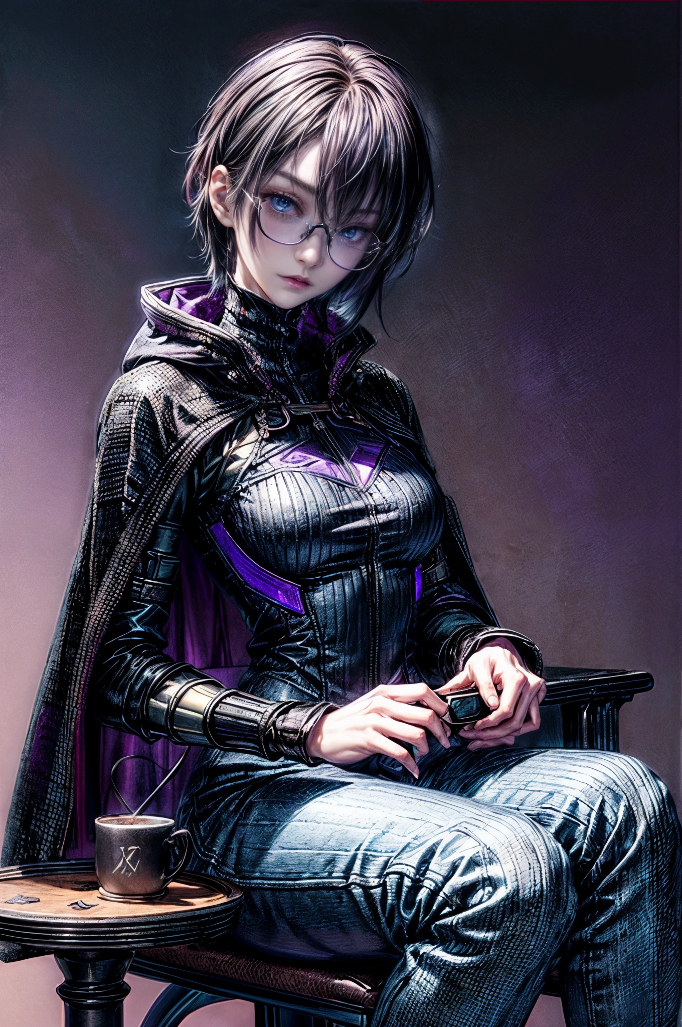 cinematic lighting、highly detailed skin,1 girl, highest quality,cyber punk,(dim color, soothing tone:1.3),(Beautiful woman、Detailed beautiful facial features、short black hair、blue eyes、Glasses、slender body:1.3)(Glasses:1.5)break.(purple thick coat for winter:1.2)、purple knit tops、leather style tight pants(iron table)(sit on a chair、hot coffee at hand:1.3)morning、早morning、仕事のmorning、カフェでmorning食を食べる